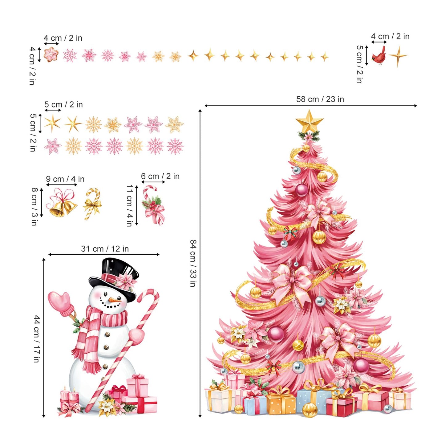 decalmile Large Pink Christmas Tree Window Wall Decals Xmas Tree Wall Stickers Pink Snowflakes Snowman Window Clings Christmas Party Door Home Wall Decorations