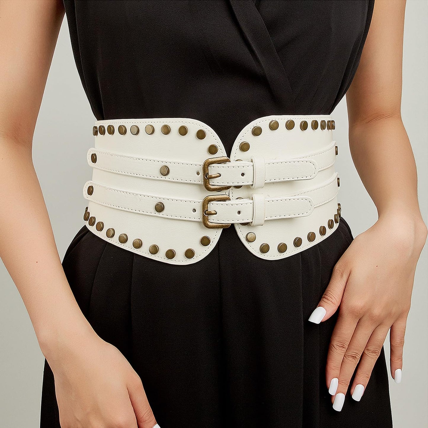 NOFIBAF Women's Elastic Wide Waist Belt Retro Rivet Stretch Waist Cincher Belt (white)