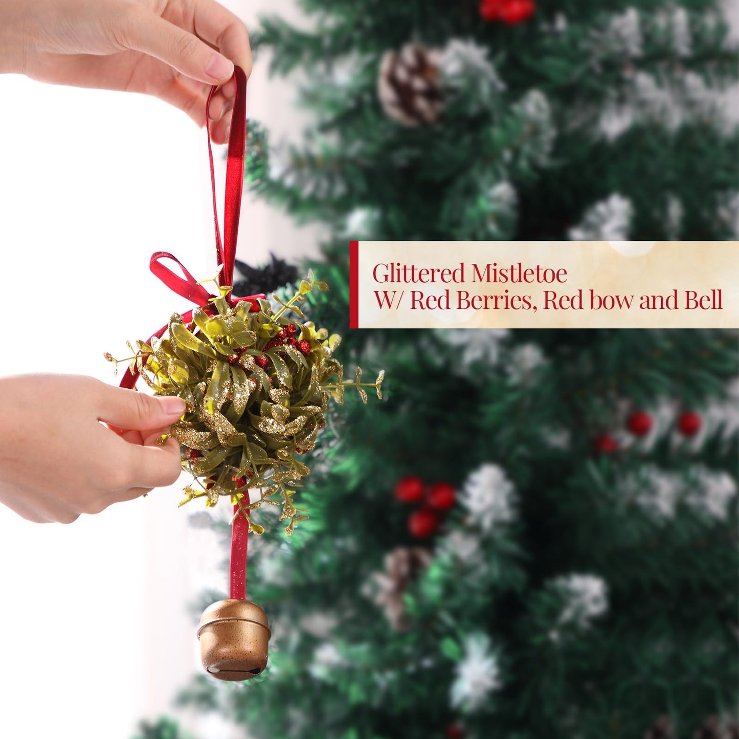 Canlierr 2 Pcs 5 Inch Valentines Day Mistletoe Ball Jingle Bell Ornament Mistletoe Glitter Kissing Ball with Jingle Bell Bow and Red Berry Artificial Hanging Ornament for Doorway Ceiling Light Decor