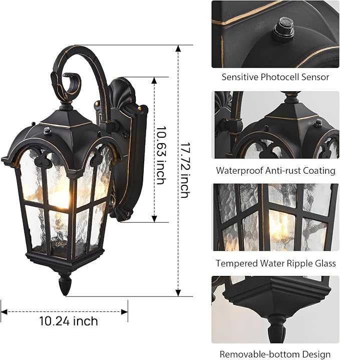 Dusk to Dawn Outdoor Wall Lights 17.1" H Exterior Lighting Fixtures Black Porch Light Waterproof Roman Wall Lantern with Water Ripple Glass for House Garage Patio