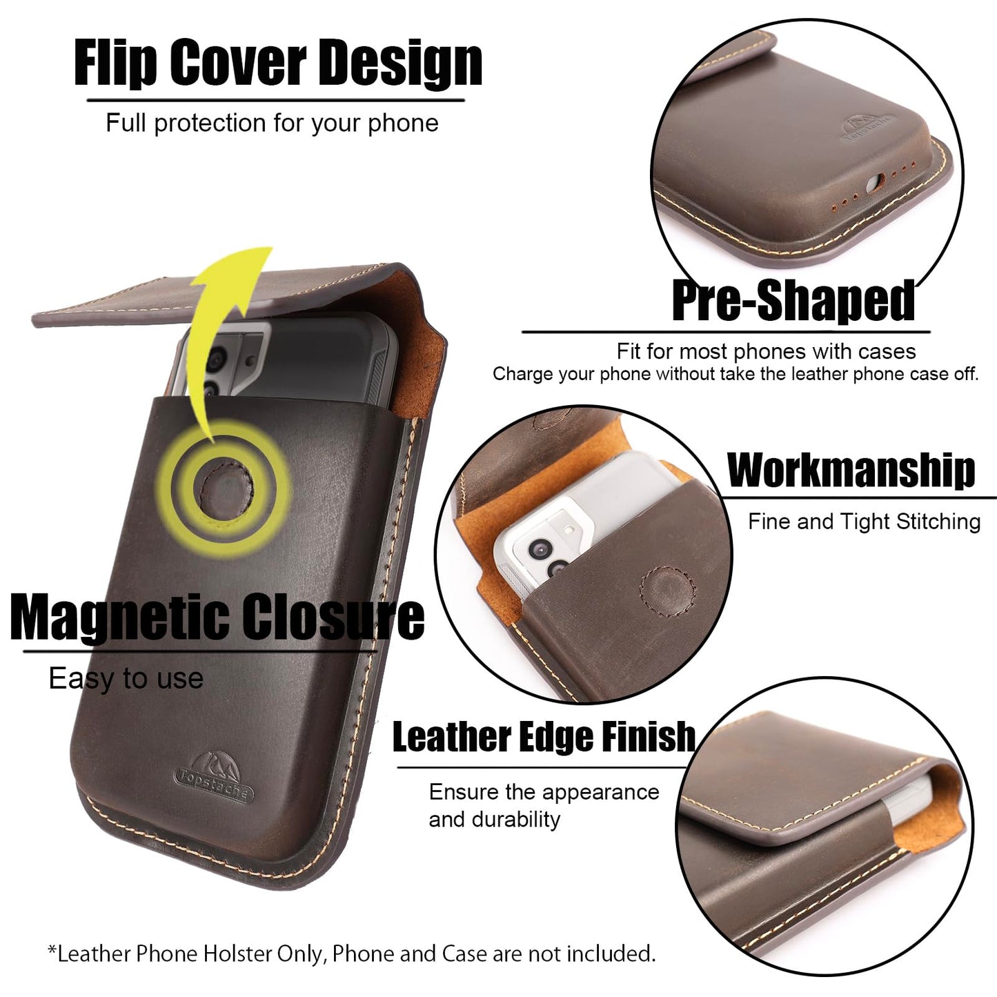 Topstache Leather Phone Holster - Belt Clip Leather Belt Pouch for iPhone 17/16/15 Pro Max & Plus - Magnetic Closure Flip Cell Phone Case for Galaxy S25/S24/S23 Ultra & Plus, XL,Darkbrown