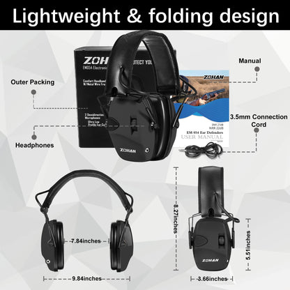 ZOHAN EM054 Electronic Ear Protection for Shooting Range with Sound Amplification Noise Reduction, Plus Soft Silicone Ear Pads (Black-GJ)