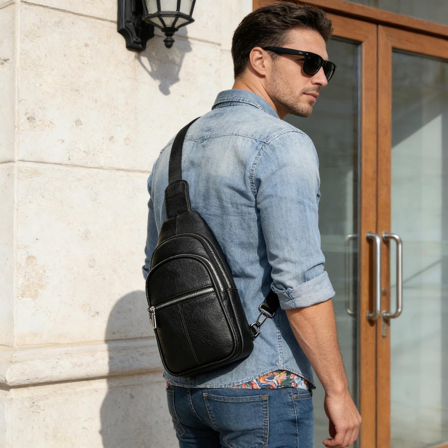 Small Leather Sling Bag Crossbody for Men Women One Strap Shoulder Cross Body Bag Sling Backpack for Travel, 9342 Black