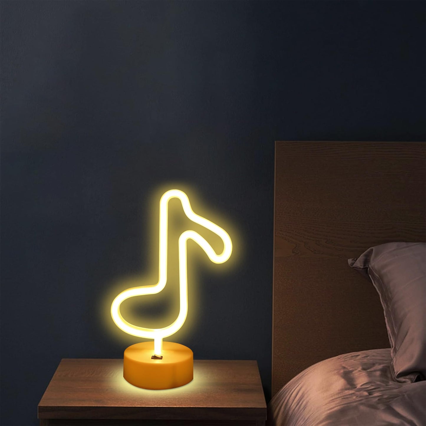 ENUOLI Music Notes Neon Lights with Base Warm White Decor Neon Sign Led Music Notes Night Light Wall Table Decor Battery Operated Creative Lighting Lamp Home Decoration Party Best Gift for Kids