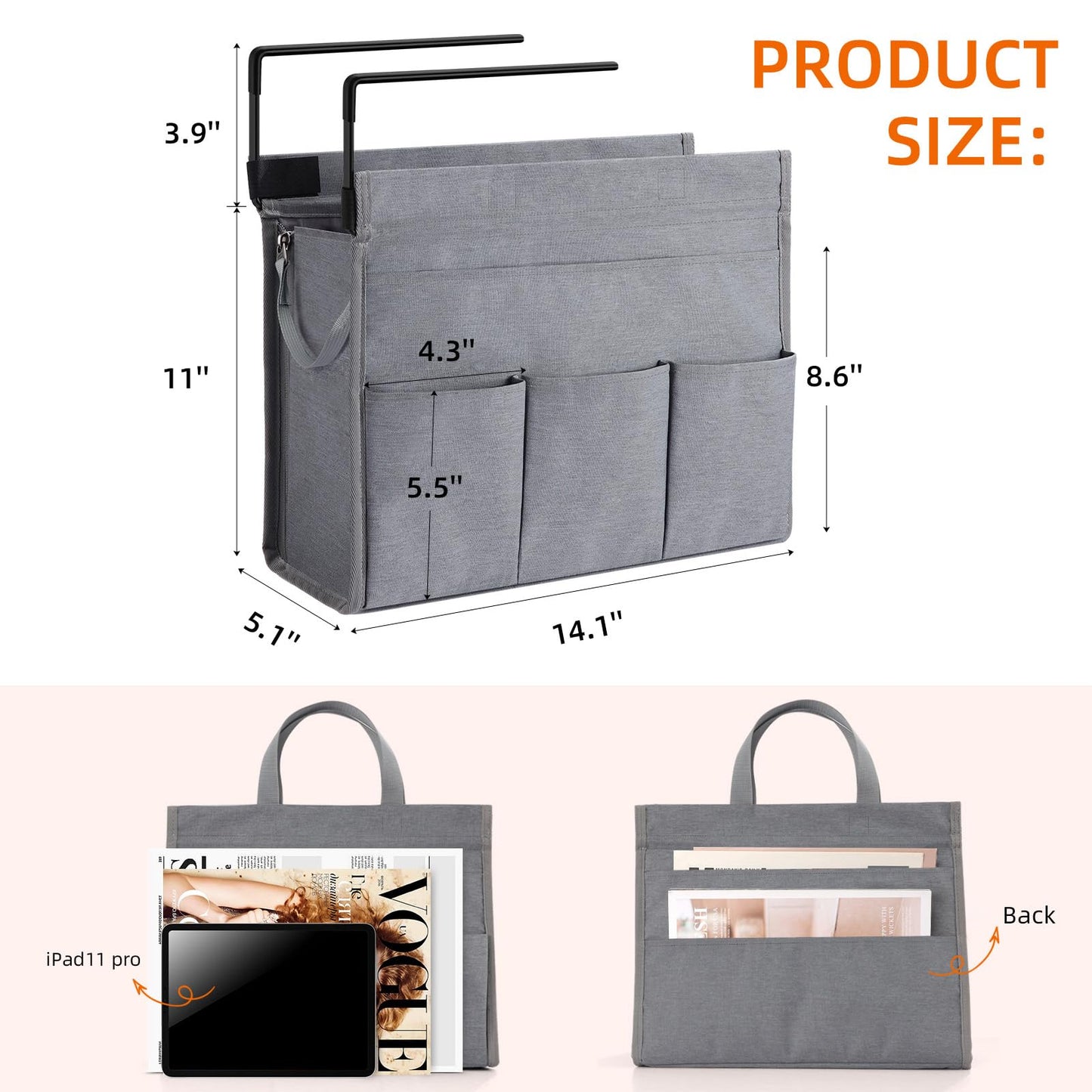 MASTLU Under Desk Hanging Storage Bag, Desk Organizer Storage, Office Side Storage Bag, Compatible with A4 Files, Detachable Handle Design, No Assembly Required, For Office Home School (Grey)