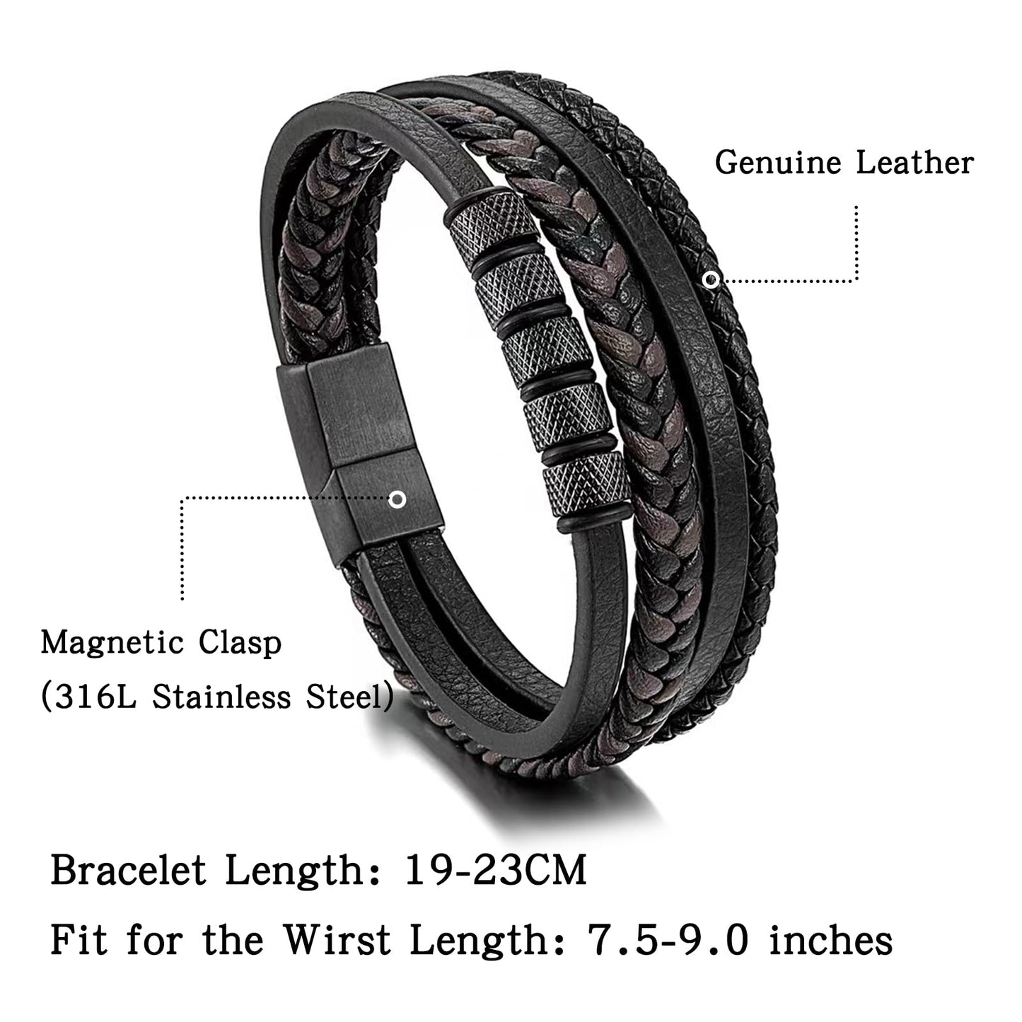 JSNOM Mens Leather Bracelet Gifts: Handmade Braided Genuine Leather Bracelet for Christmas Father's Day Birthday, Cuff Wristbands Black Bracelets Gifts for Men (Black, M-8.3inch)