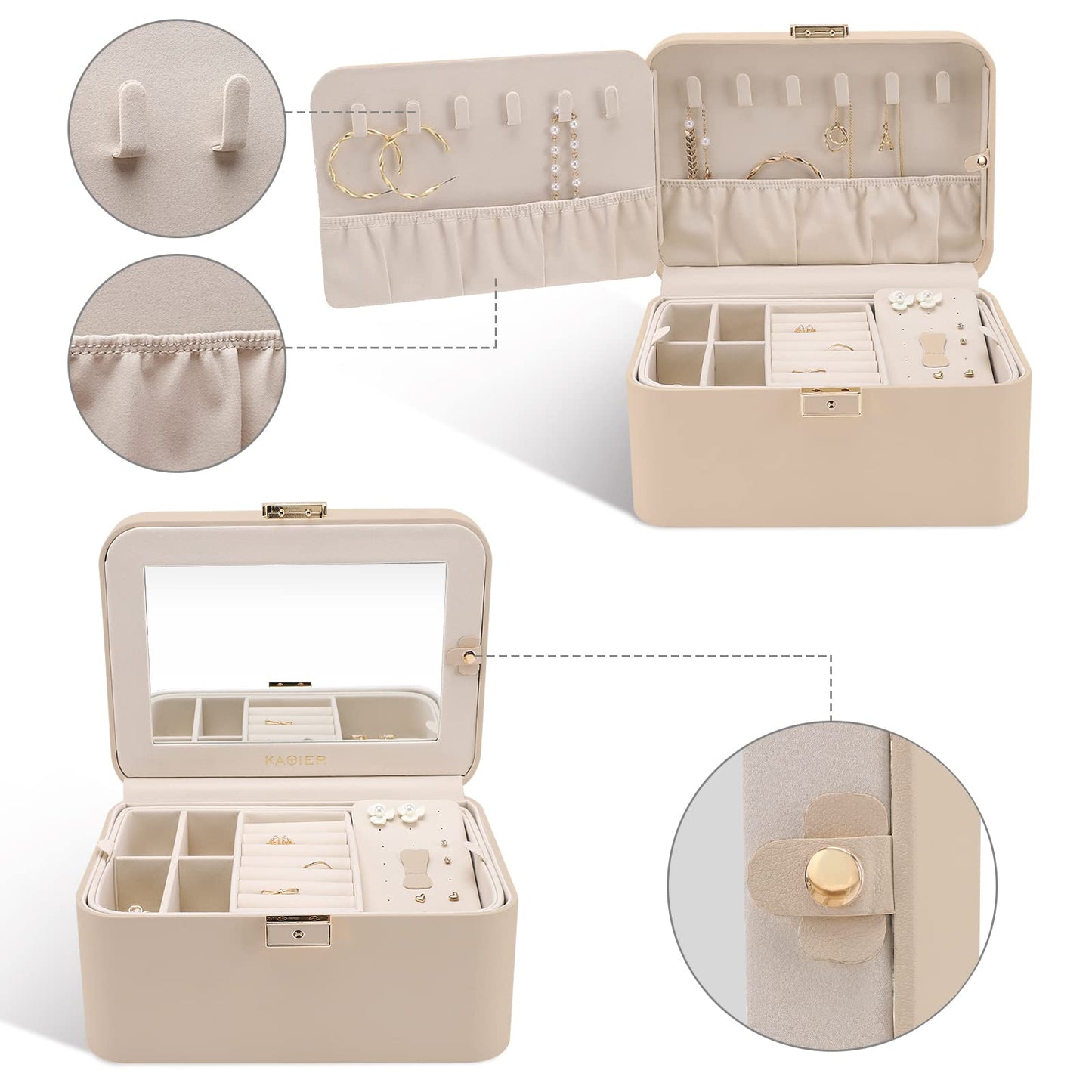 Upgraded Jewelry Box, 2 Layers PU Leather Jewelry Organizer for Women with Lock and Mirror, Hidden Necklace Hook and Removable Divider Large Capacity Travel Jewelry Box Ideal for Gift-With Gift Box