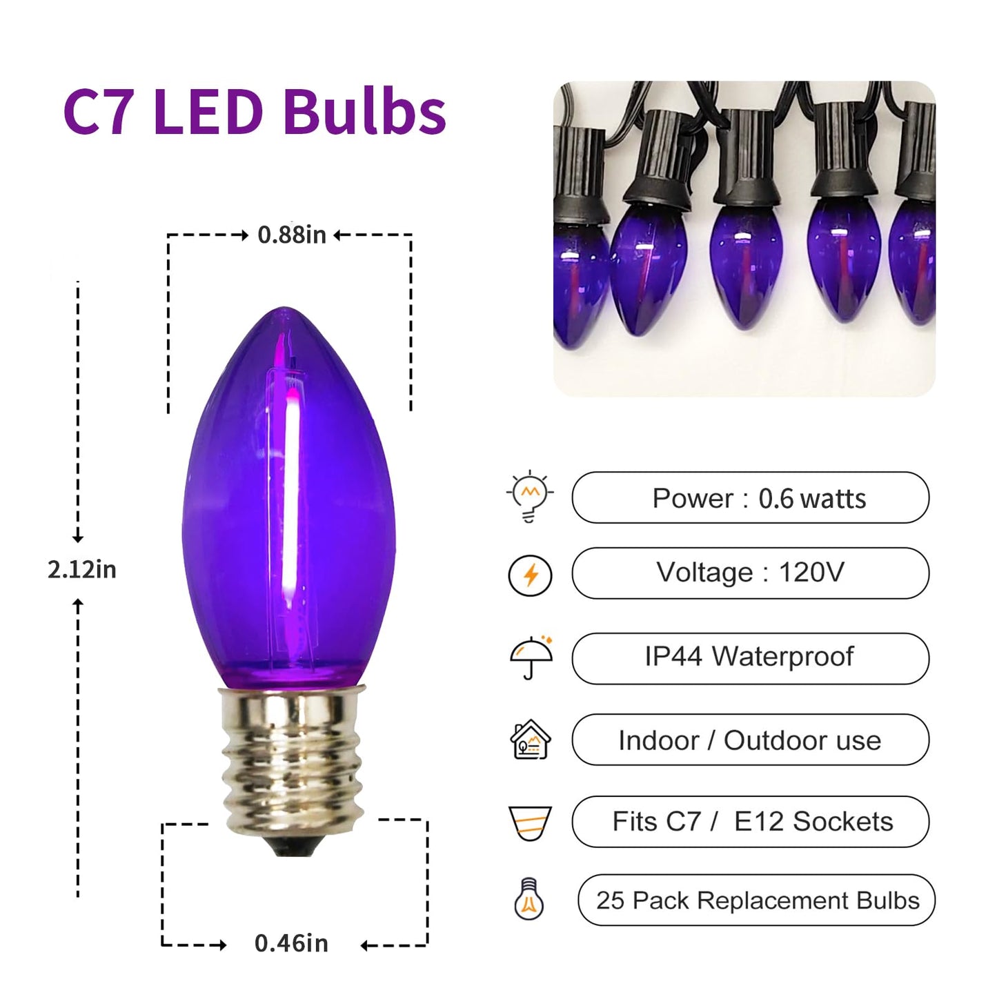 CHYParty 12 Pack C7 LED Replacement Bulbs, Purple Christmas Light Bulbs for Outdoor String Lights, Patio, Xmas Tree, Halloween Decor, E12 Candelabra Base, Waterproof, Dimmable