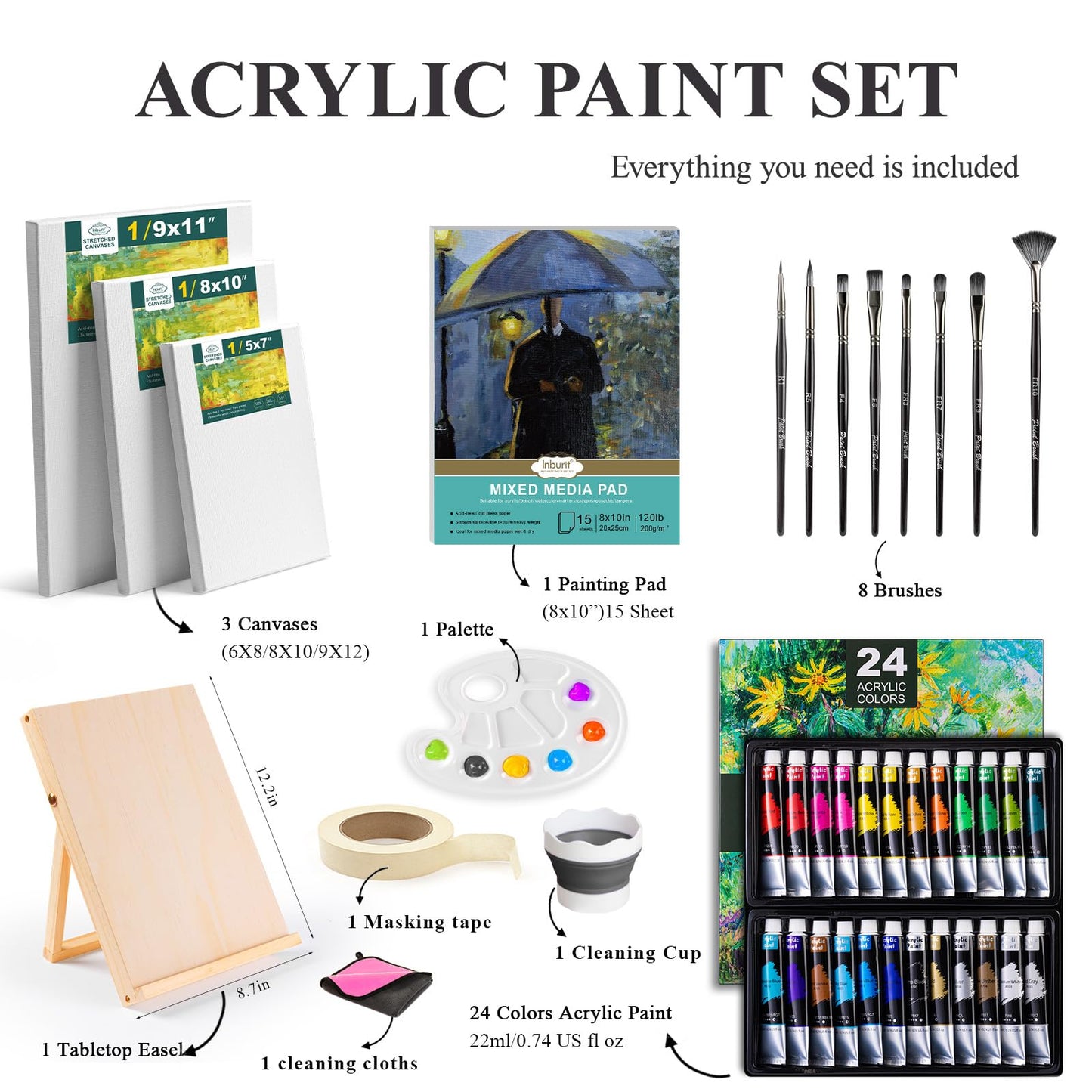 Inburit Acrylic Paint Set, Painting Supplies Kits with 24 Acrylic Paints(22ml), 8 Brushes,1 Wooden Easel,1 Palette etc, Paint Kit for Kids,Adults and Artists