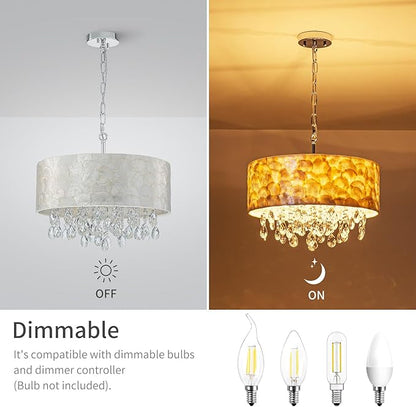 4-Lights Drum Capiz Shell Crystal Chandeliers, Coastal Style Pendant Light Fixture for Dining Room, Living Room, D18 x 21~68"(Adjustable), Shell Lampshade & Chrome Finish