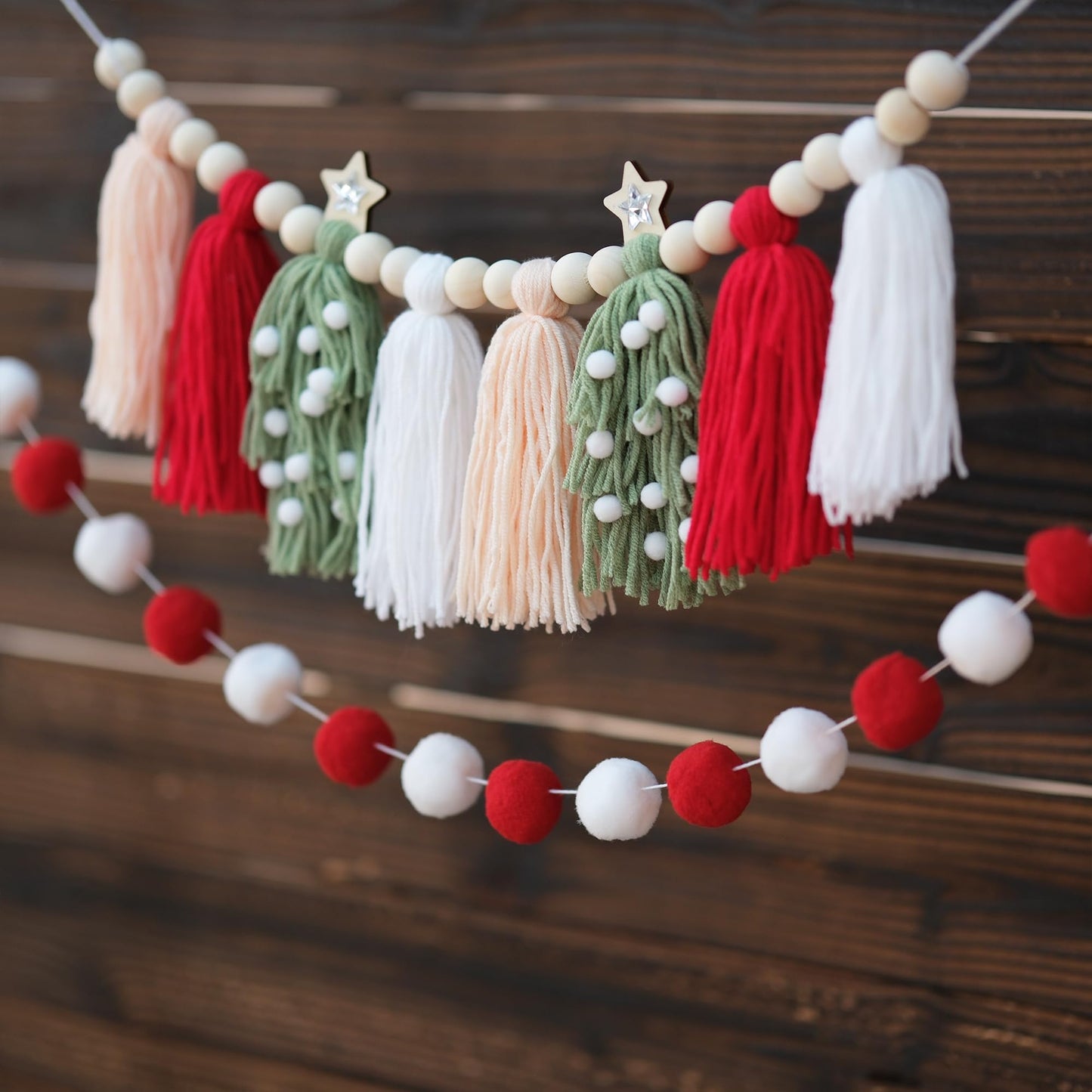 Christmas Tassel Garland Banner With Wood Beads And Pom Pom Garlands Wall Hanging Home Decor For Christmas