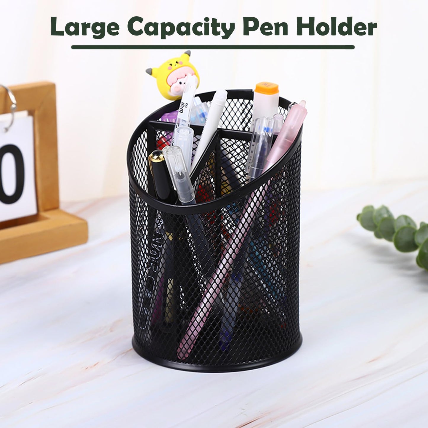 MINDEPOT 2 Pack Mesh Pencil Holder Pen Cup for Desk Round Black Pen Holder Desktop Pen Organizer 3 Compartments Pencil Organizer Desk Organizer for Office Home School