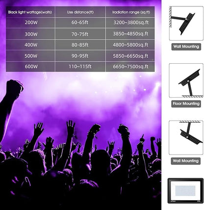 2 Pack 400W LED Black Light,Black Flood Light Outdoor with Plug and Switch, IP66 Waterproof 395nm to 405nm LED UV Blacklight Neon Glow for Glow Party, Halloween, Fluorescent Poster, Body Paint