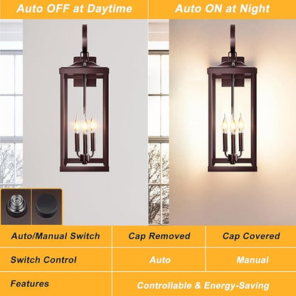 2 Packs 24" Extra Large Dusk to Dawn Light Fixture 3-Light, Oil Rubbed Bronze Outdoor Porch Lantern Wall Mounted, Waterproof Modern Outside Wall Sconce Brown Lamp for House, E12