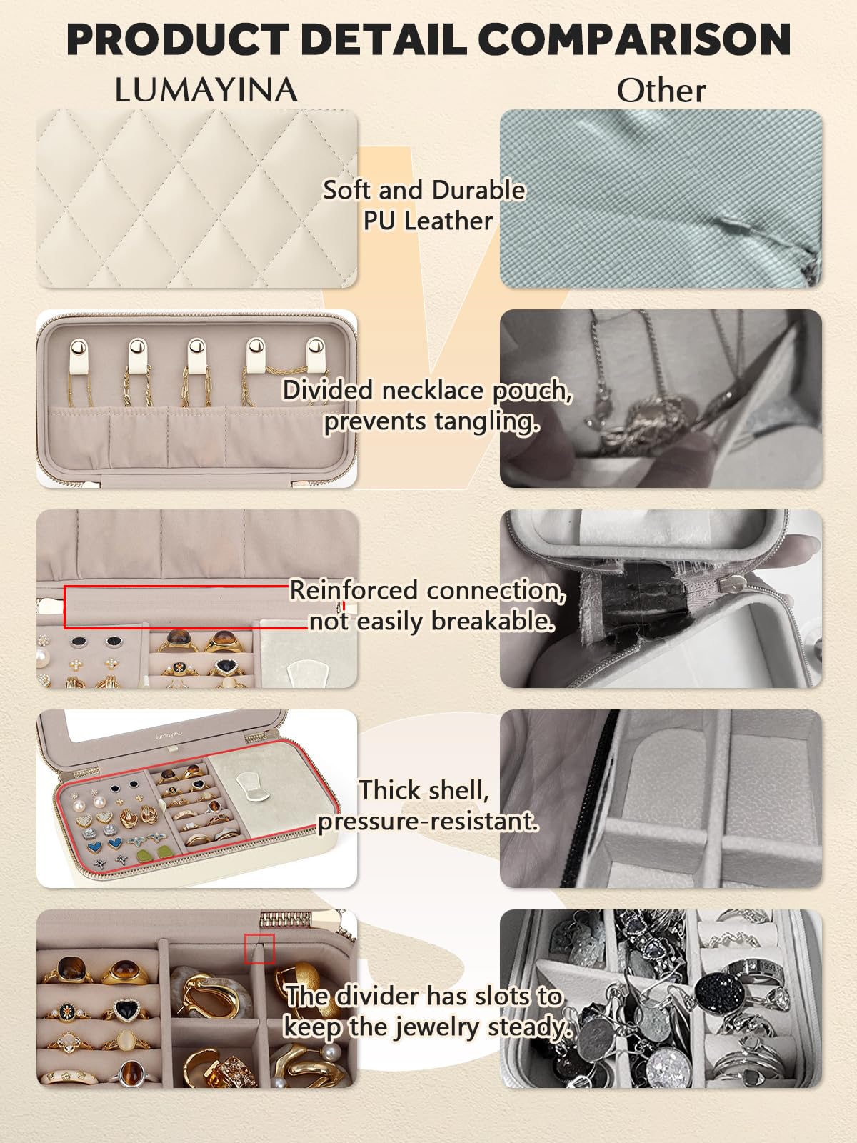 Lumayina Travel Jewelry Case with Mirror, Quilted Small Jewelry Box Organizer for Women Girls, Portable Earring Necklace Bracelet Ring Holder Storage for Travel Weekend Trips (Beige)