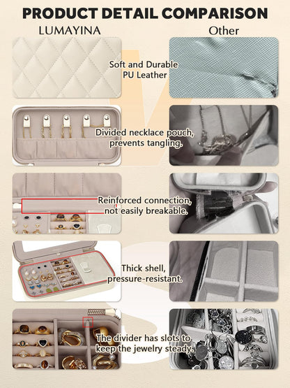 Lumayina Travel Jewelry Case with Mirror, Quilted Small Jewelry Box Organizer for Women Girls, Portable Earring Necklace Bracelet Ring Holder Storage for Travel Weekend Trips (Beige)