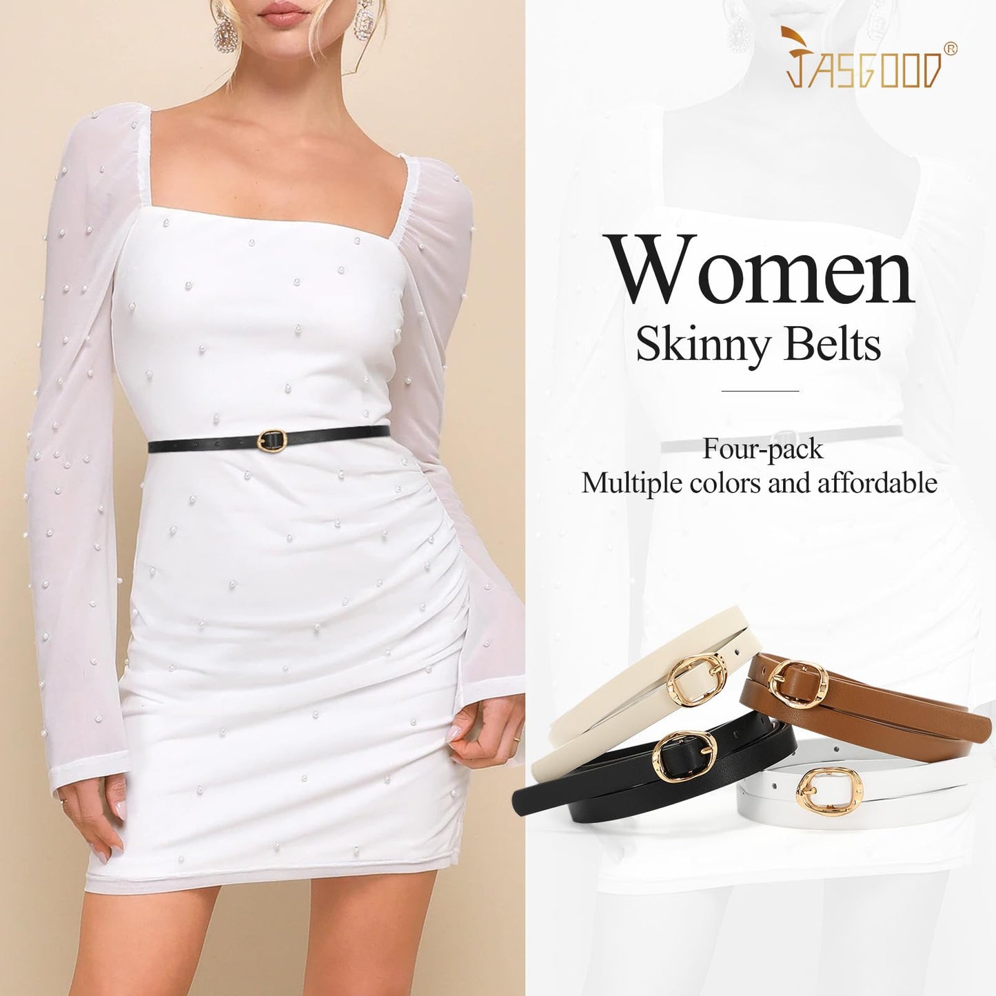 JASGOOD 4 Pack Women Skinny Leather Belts for Jeans Thin Belt for Dresses Ladies Waist Belt with Gold Buckle