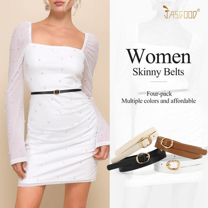 JASGOOD 4 Pack Women Skinny Leather Belts for Jeans Thin Belt for Dresses Ladies Waist Belt with Gold Buckle