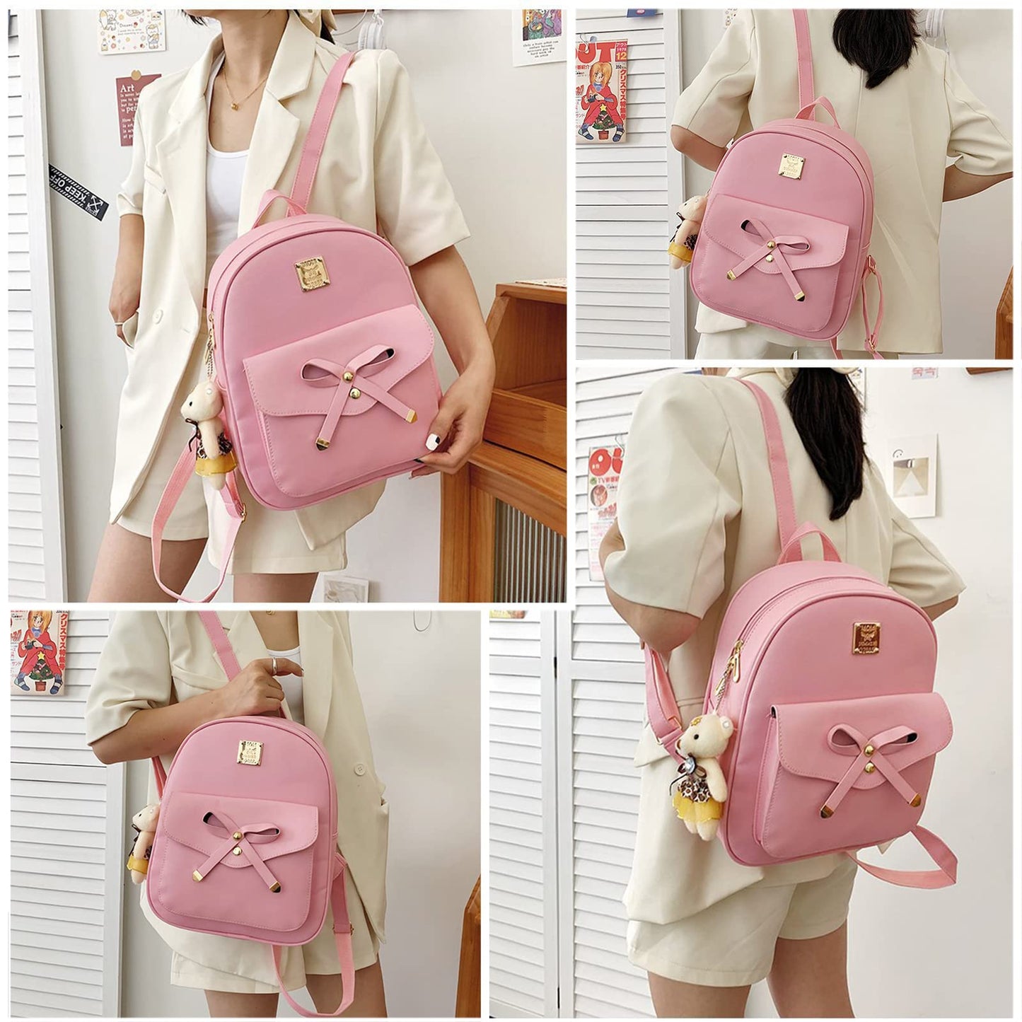 K.E.J. Women Mini Backpack Purse Bowknot Leather Backpack 3-PCS Cute Small Backpack Purse for Women Rucksack for Ladies Shoulder Bag