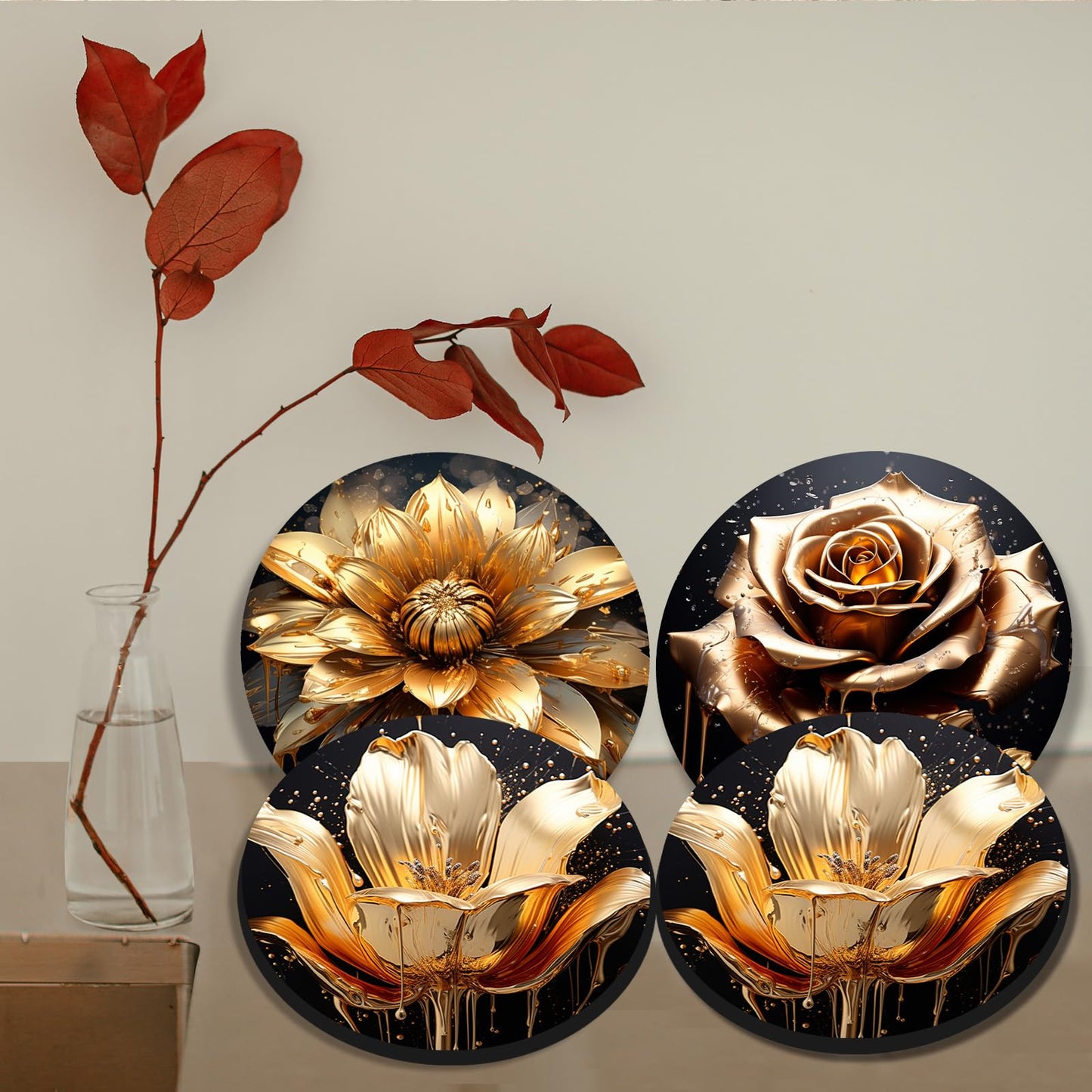 Tucocoo Golden Flowers Burner Covers,Set of 4,Lotus Floral Abstract Art Round Burner Cover Kitchen Decor Boho Pattern Classic Art Round Metal Stove Burner Covers,Two 8inch Two 10inch,Black