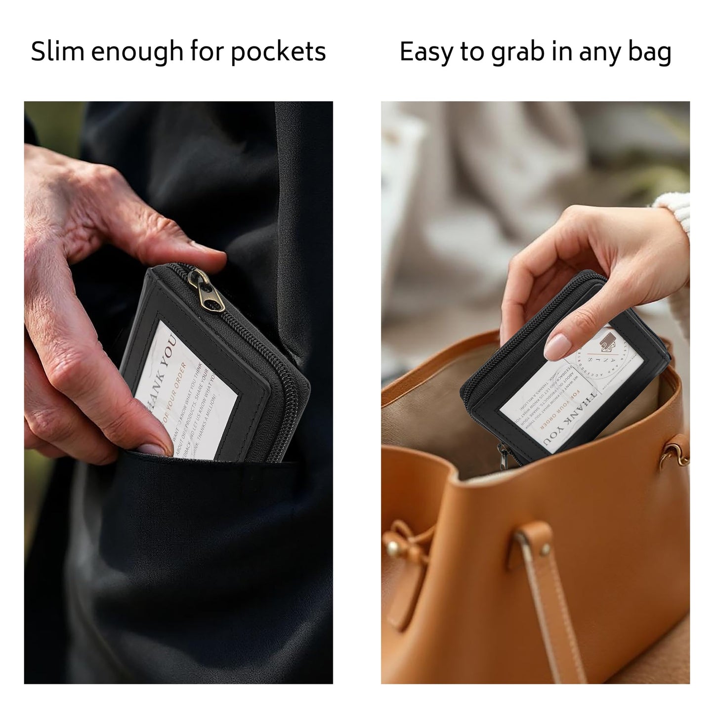 Zip Around Leather Card Wallet with Inserts - RFID Blocking Credit Card Organizer with 20 Sleeves, Top-Loading Card Access, ID Window & Bill Compartment - Genuine Cow Leather (Black)