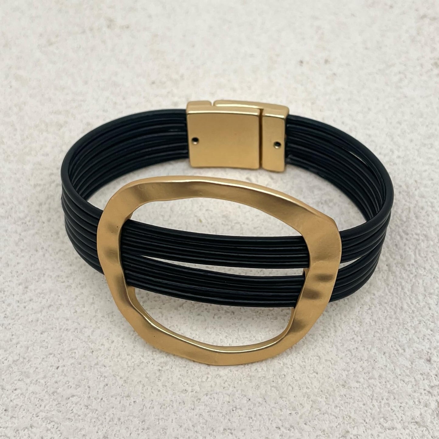 YYWANGART Gold and Black Leather Bracelet Large Disk Bangle Minimalist Multi Strand Leather Wrap Bracelet for Women