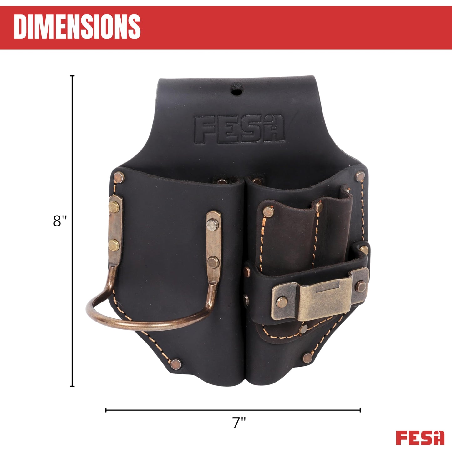 FESA Durable Leather Pliers Holster - Heavy Top Grain Leather Double Plier Holder for Belt with Steel Hammer Holder, Tape Clip & 2 Carpenter's Pencil Pockets - Clip On Any Belt - Handcrafted (Brown)