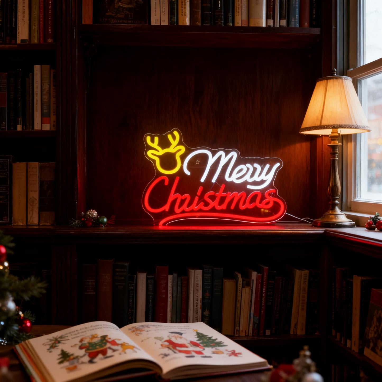 Mvorixa Merry Christmas Neon Sign, Reindeer Neon Sign – LED Light Up Christmas Sign, Home Living Room Wall Decor, Xmas Neon Signs, 15.91x11.85in, USB Powered, Adjustable Brightness