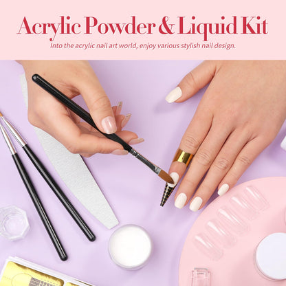 BORN PRETTY Acrylic Nail Kit - Acrylic Powder (Clear, White, Pink) & Liquid Set with Nail Forms, Brush Pen, File & Glass Container - Beginner Friendly