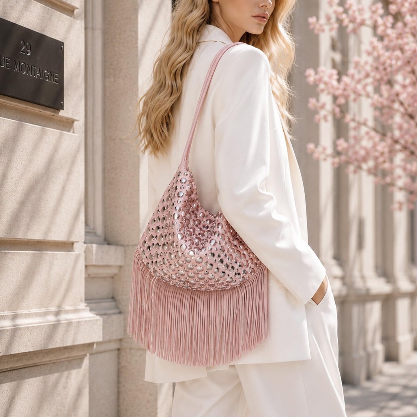Gixuantang Leather Hobo Shoulder Bags for Women,Fringe Tassel Bucket Tote Handbag with Studded Silver Rivet in Daily Life (Pink)