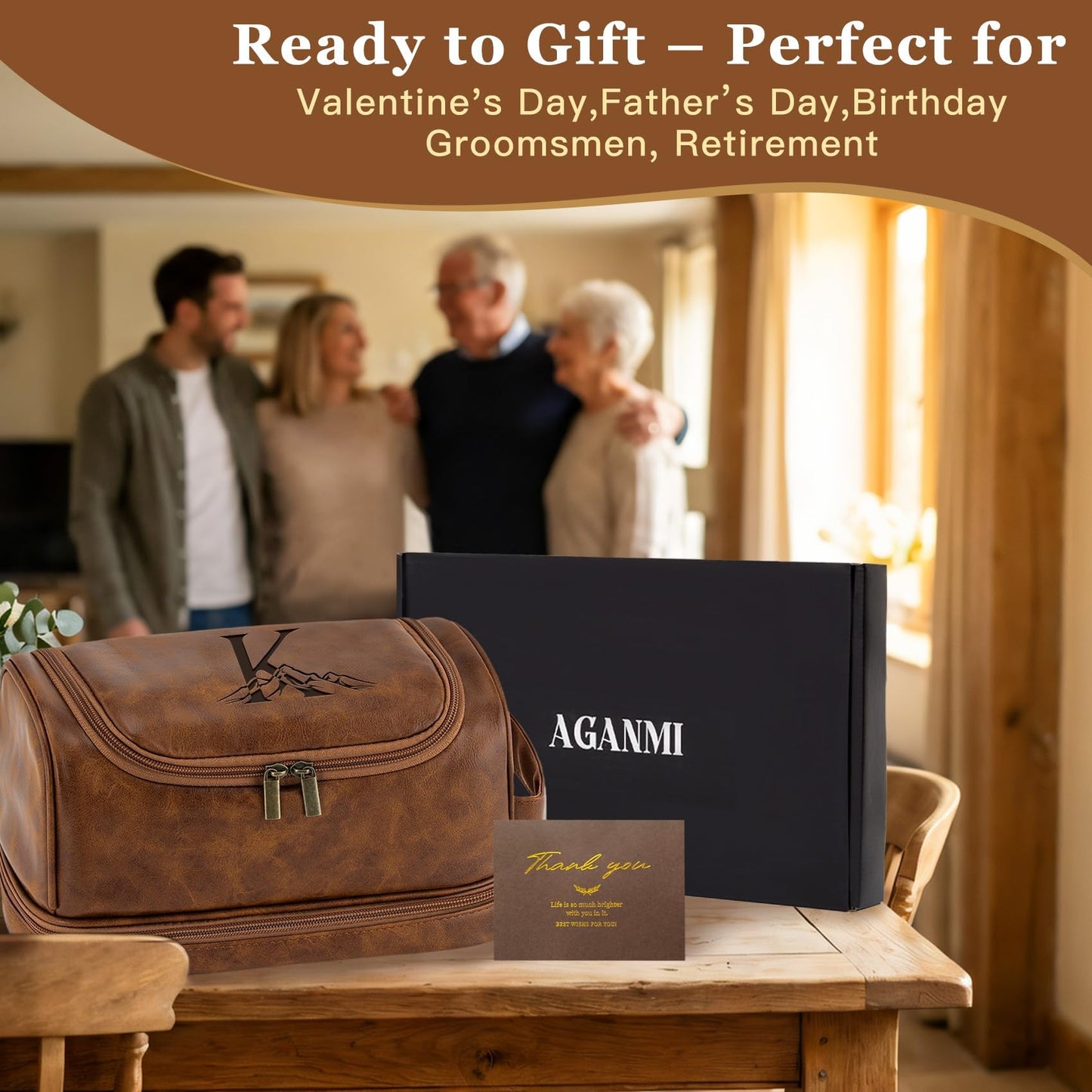 Aganmi Personalized Toiletry Bag Fathers Day Birthday Gifts for Men Dad Husband, Custom Initial Waterproof PU Leather Toiletry Organizer Dopp Kit Shaving Bag Travel Essential for Him Light Brown J