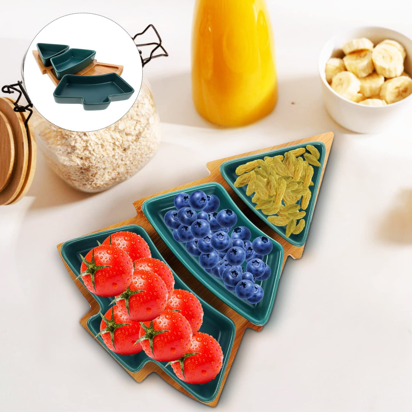 UPKOCH Christmas Tree Shaped Ceramic Snack Trays with Wooden Base, Tree Shaped Candy Dish Green Appetizer Plates for Nuts, Candy Dessert, Holiday Party Serving Platter, 10.38in