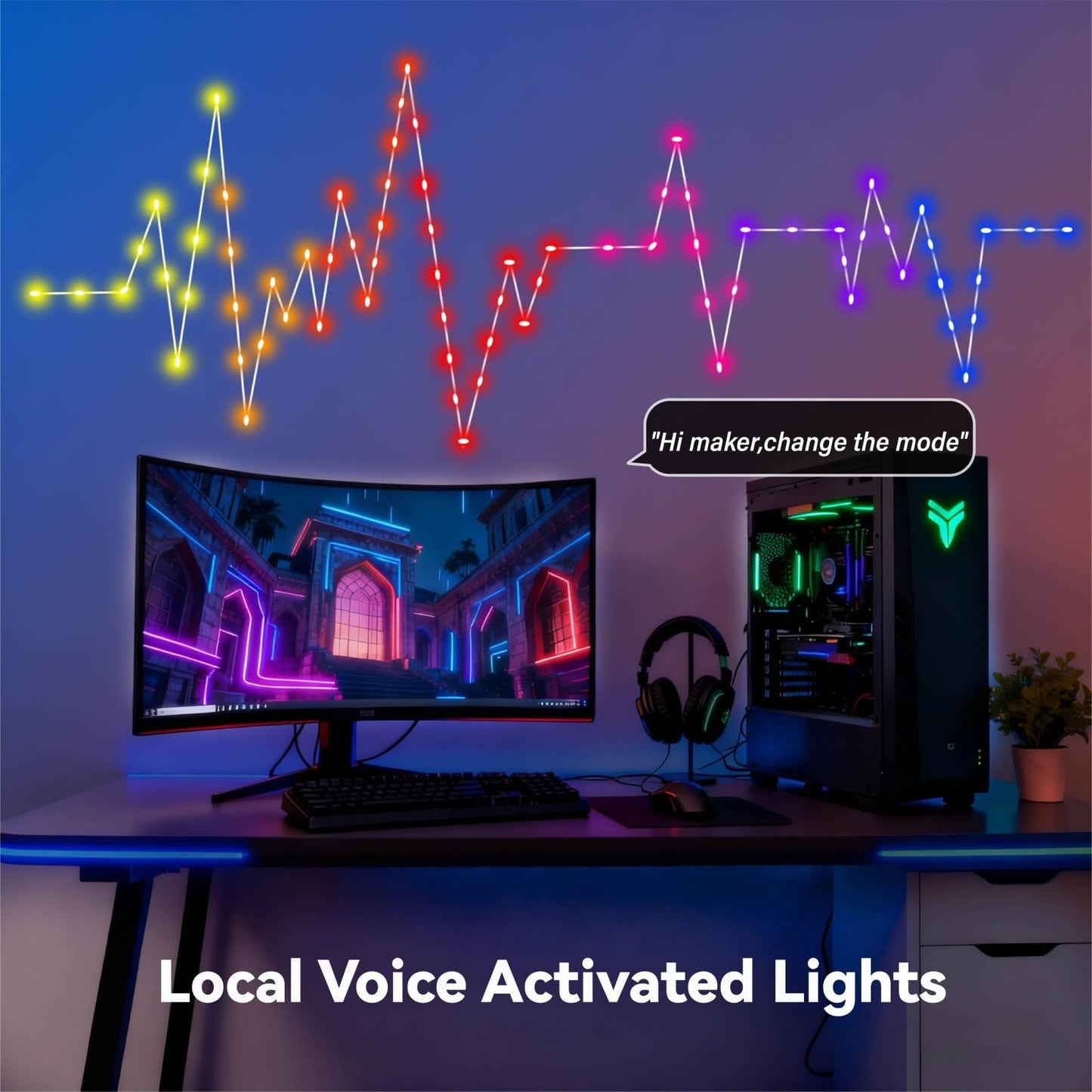 AI Smart Color Changing Fairy Lights, 32.8ft RGB+IC Offline Voice Control Light Twinkle No App/No WiFi Required,Dimmable Xmas Music Sync Lights for Kids Bedroom, Party, 7 Colors & 13 Lighting Modes