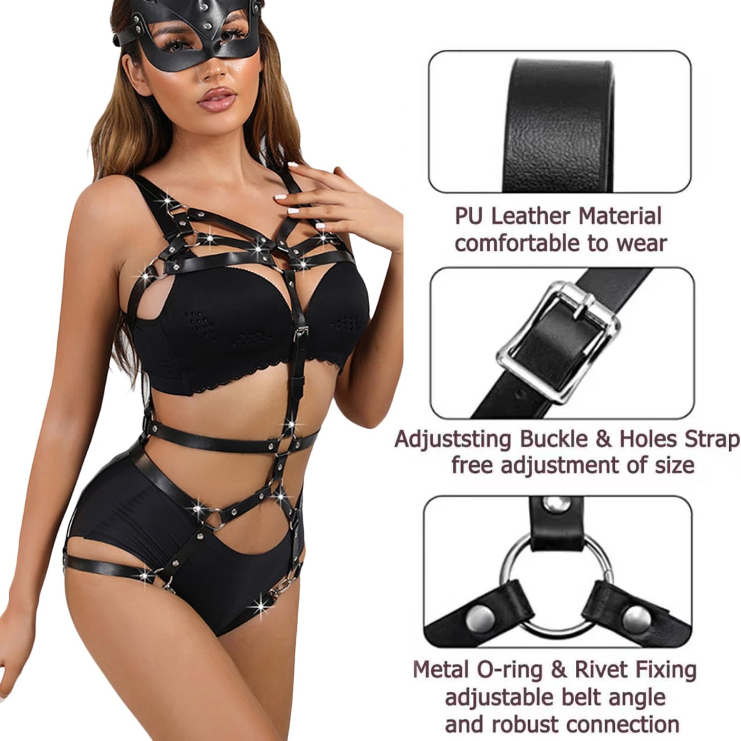 HYIJCSUC Punk Belts PU Leather Body Chain Waist Belt Womens Body Harness Belt Adjustable Leather Caged Harness Lingerie Set for Nightclub Dress Cosplay Costume Clubwear Masquerade Party
