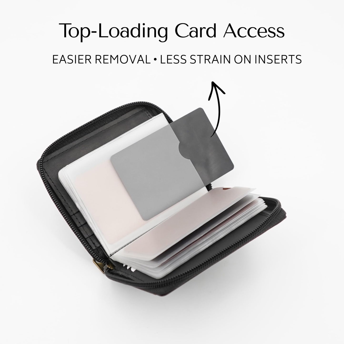 Zip Around Leather Card Wallet with Inserts - RFID Blocking Credit Card Organizer with 20 Sleeves, Top-Loading Card Access, ID Window & Bill Compartment - Genuine Cow Leather (Black)