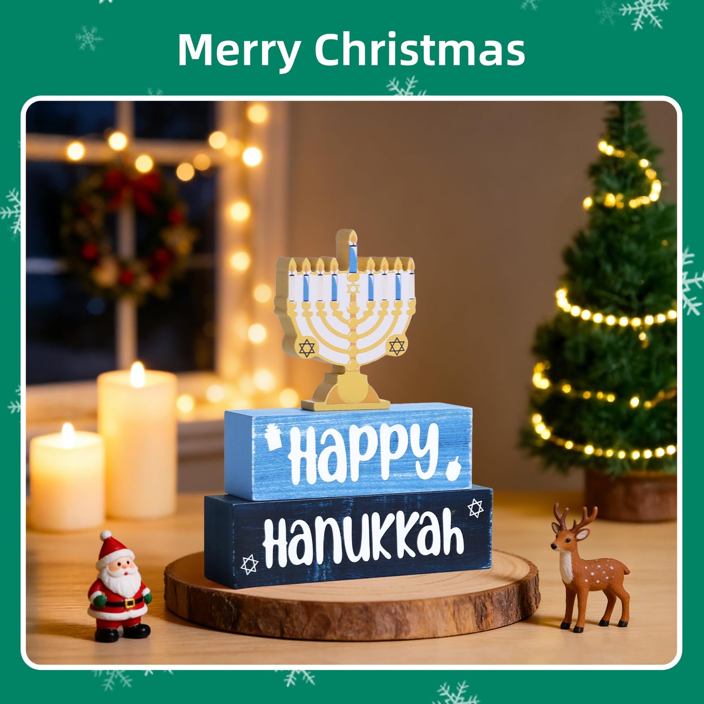3 Pcs Hanukkah Wooden Tiered Tray Decor, Menorah Decorations Gifts for Home, Jewish New Year Table Centerpiece for Xmas Party Kitchen Office