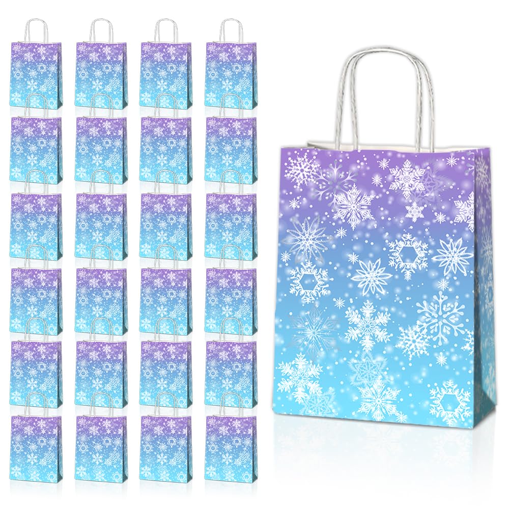 JOYGATHER 24 Pcs Snowflake Party Favor Bags with Handles - Winter Themed Goodie Gift Candy Kraft Paper Bags for Holiday Birthday Party Supplies Decorations