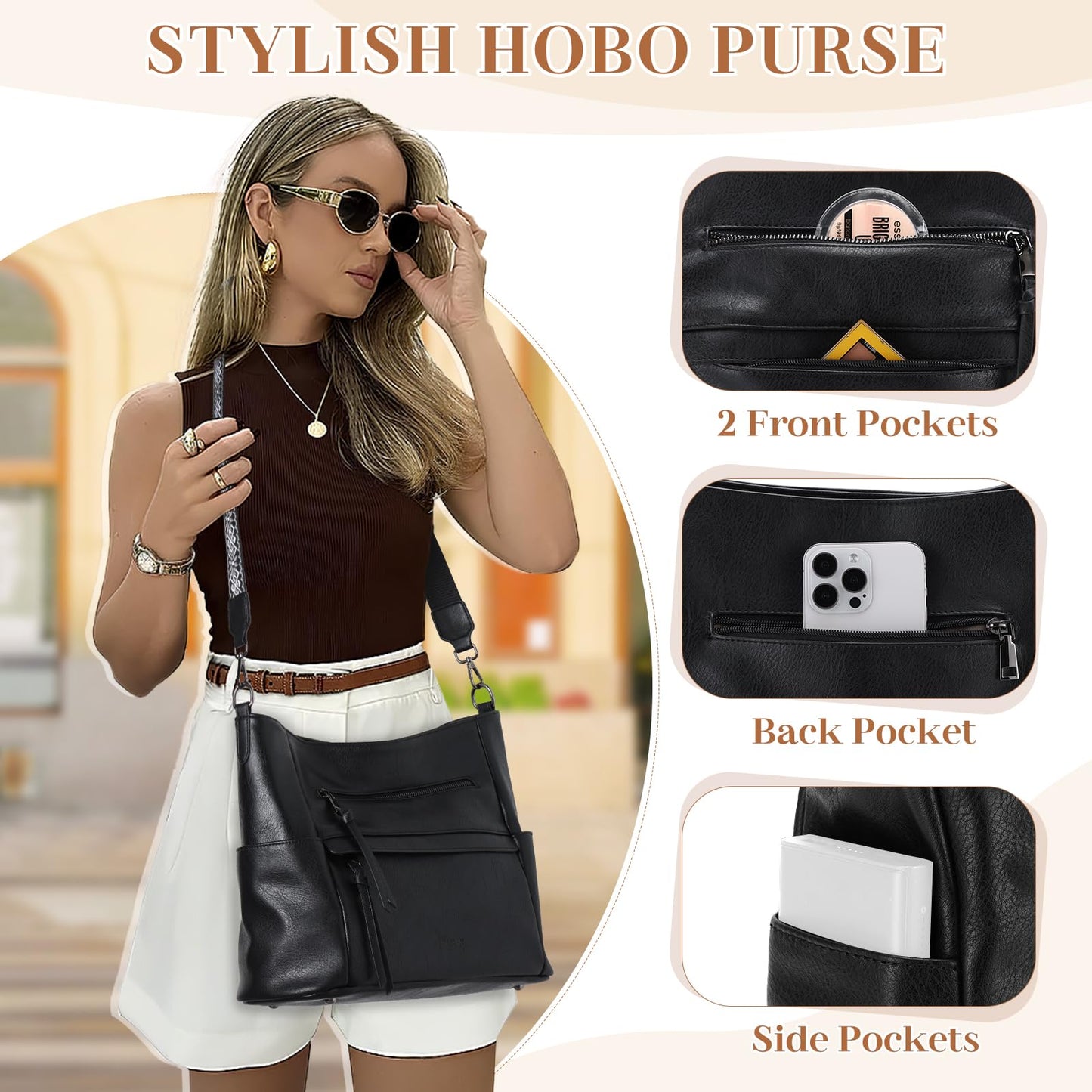 VASCHY Hobo Bag for Women, Roomy Leather Shoulder Purse with Wallet Set, Tote Bag with Guitar Strap, Ideal Gift for Women