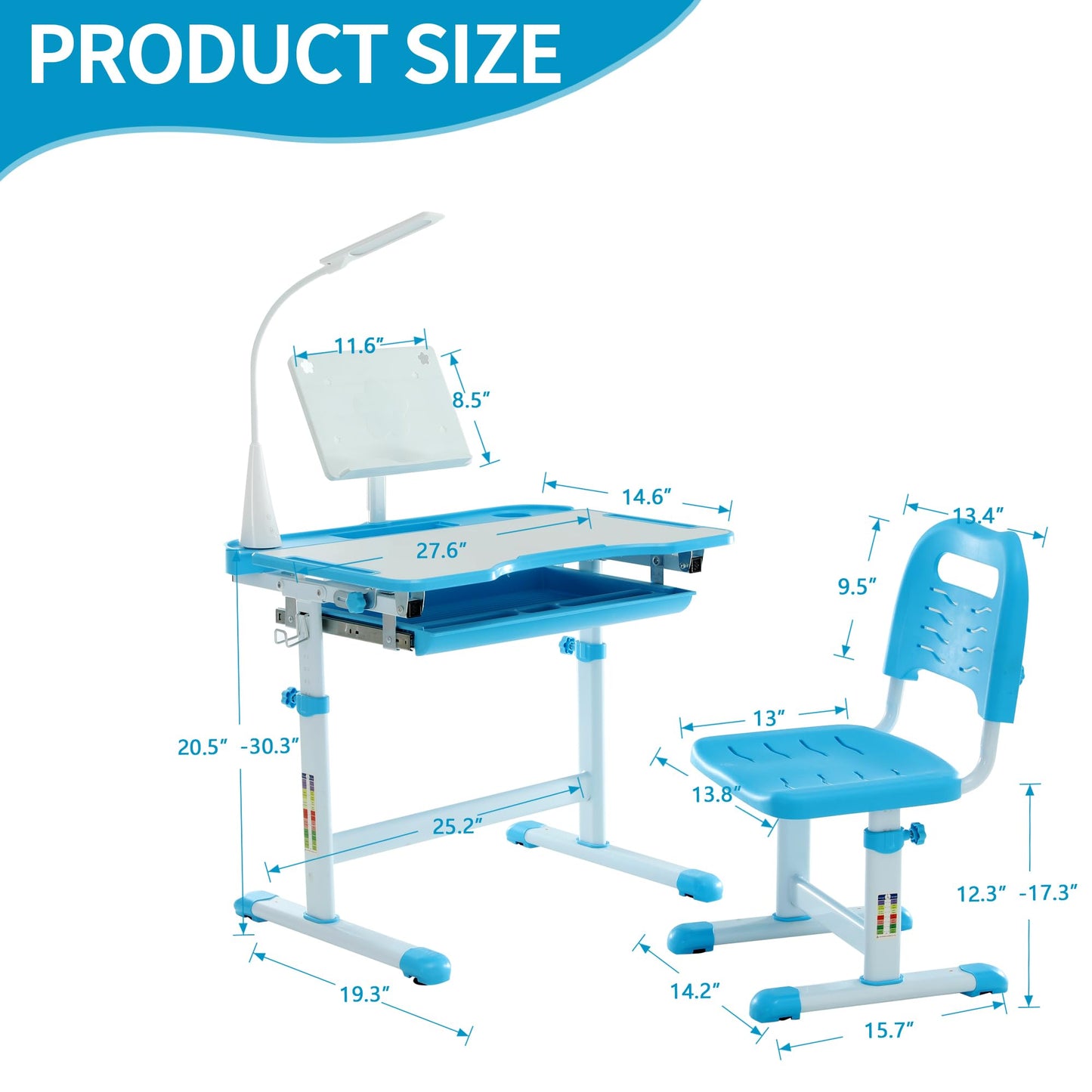 Diroan Kids Functional Desk and Chair Set, Ergonomic Height Adjustable Children School Study Desk with Tilt Desktop, Book Stand, LED Light, Metal Hook and Storage Drawer for Boys Girls(Blue)