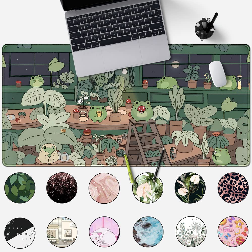 Cute Frog Mouse Pad Desk Pad Kawaii Green Desk Decor Mat, Large Gaming Mouse Pad for Desk Computer Keyboard Laptop, Home Office Accessories for Girl (31.5x15.7 in)-with Stitched Eges Pad