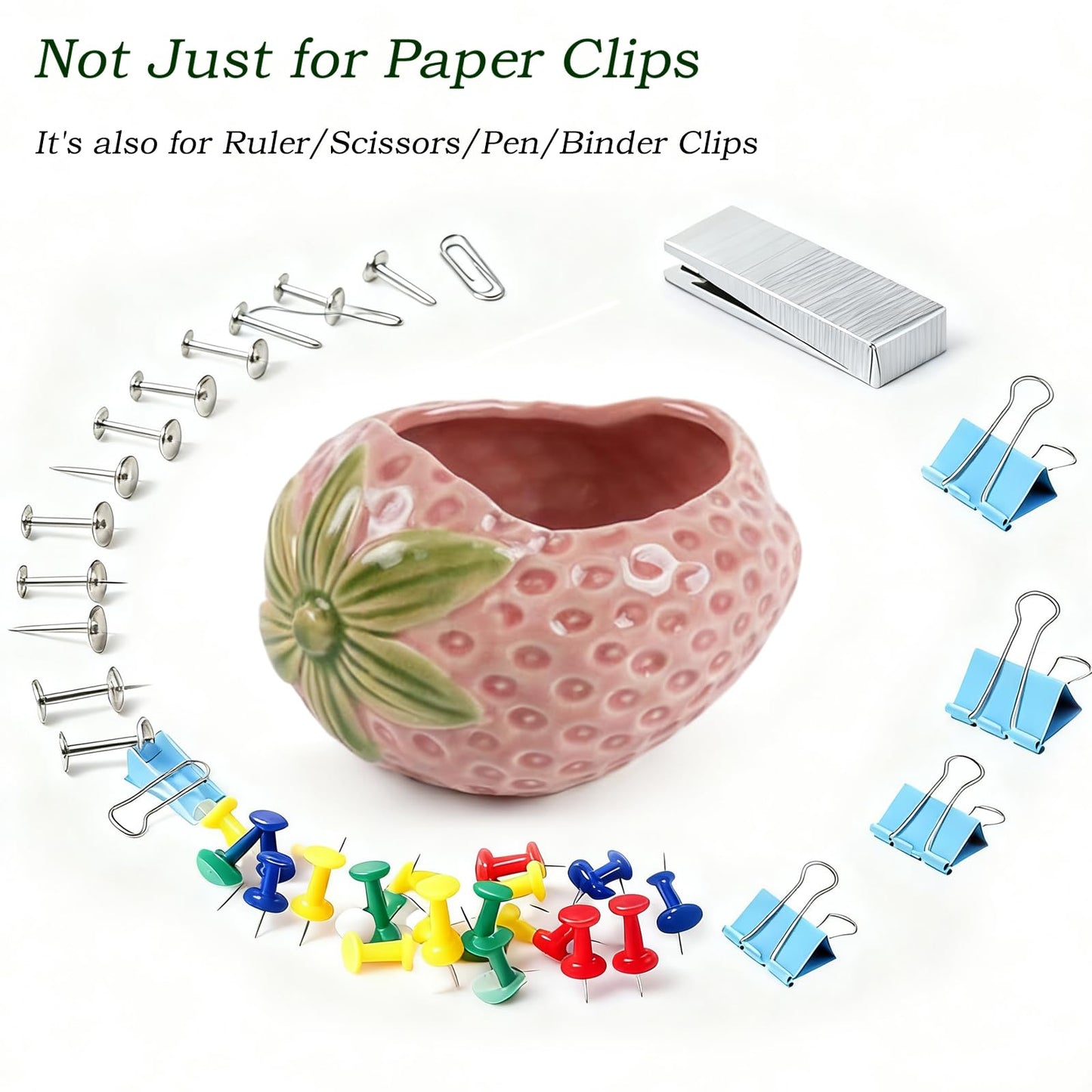 Zaposcca Ceramic Paper Clip Holder, Strawberry-Shaped Binder Clip Box Cute Office Decor Supplies for Desk Organizer (Strawberry Pink)