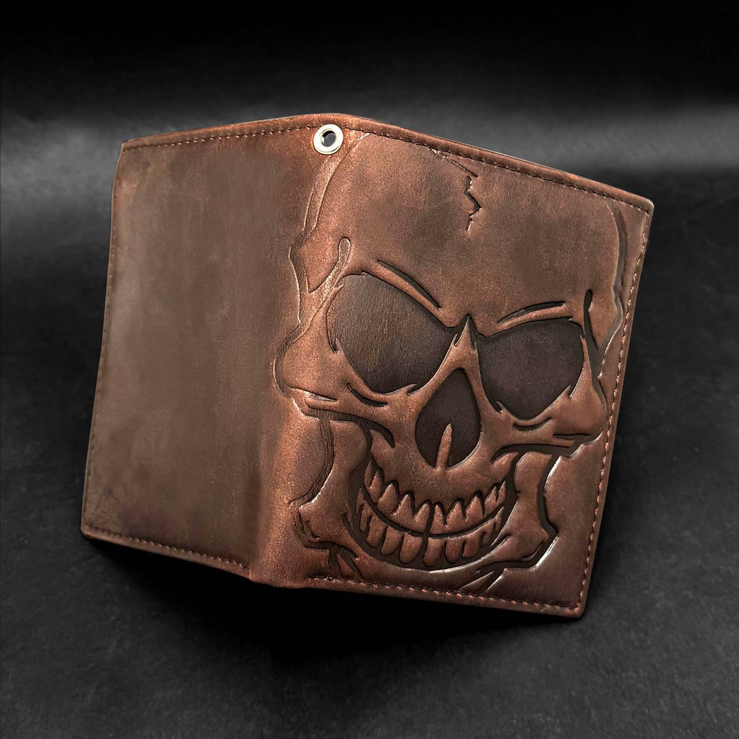 crazy hunter Skull Wallet for Men Bifold Card Holder Wallet Pocket Purse Cowhide Leather Wallet with Chain