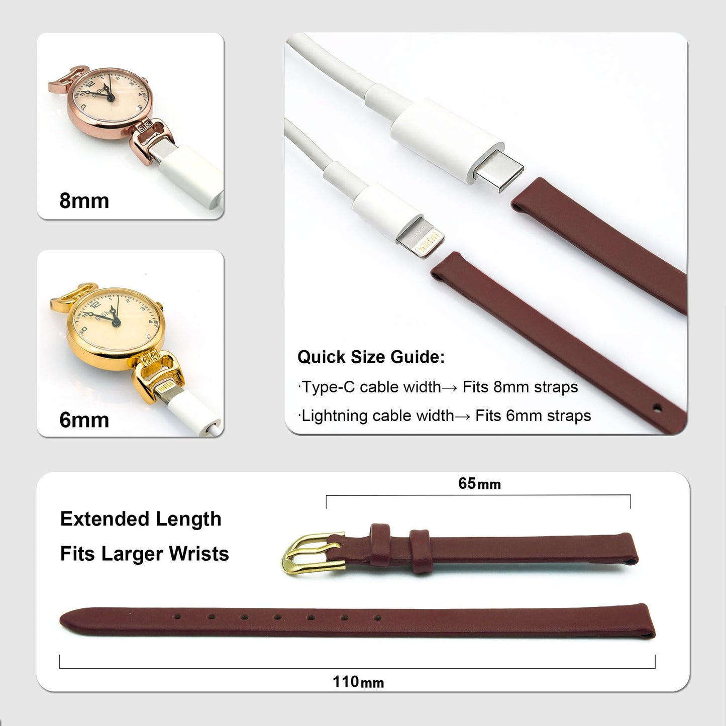 IVAPPON 8mm Solid Brown Smooth Italian Calfskin Watch Bands for Women (Gold Buckle)
