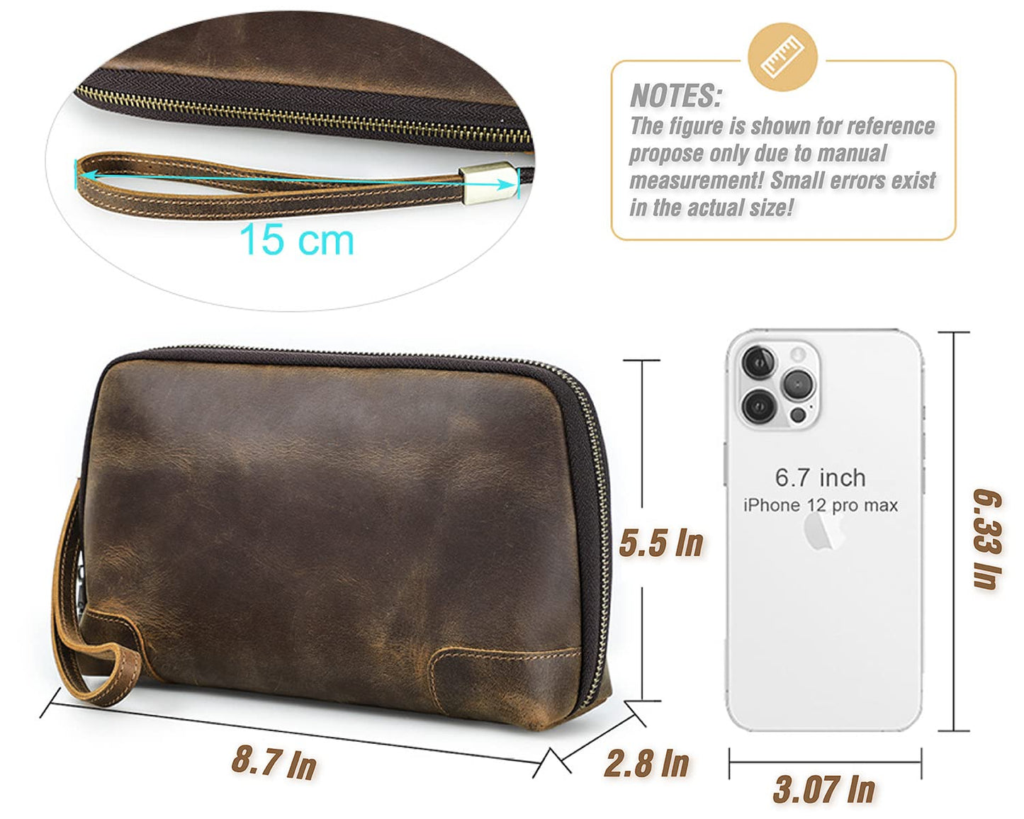 CataPurus Electronic Organizer Zipper Bag Tech Pouch, Top Grain Leather Handmade, Portable Compact Travel Storage Cases Fits Apple Accessories, Phone, USB Cables, Power Banks, Chargers, Hard Drive