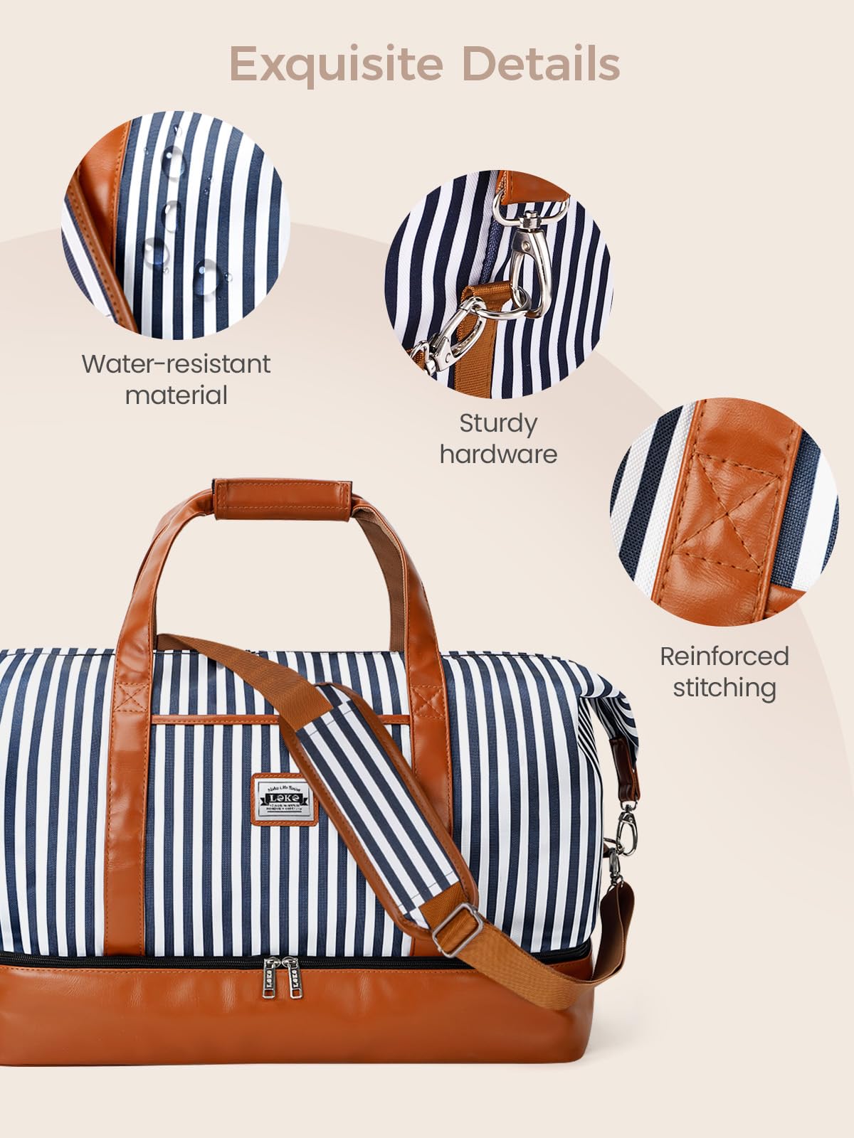 Lekebobor Weekender Bag for Women, Large Holdall Travel Duffle / Overnight Bag with Shoes Compartment & Toiletry Bag, 50L (Blue Striped)