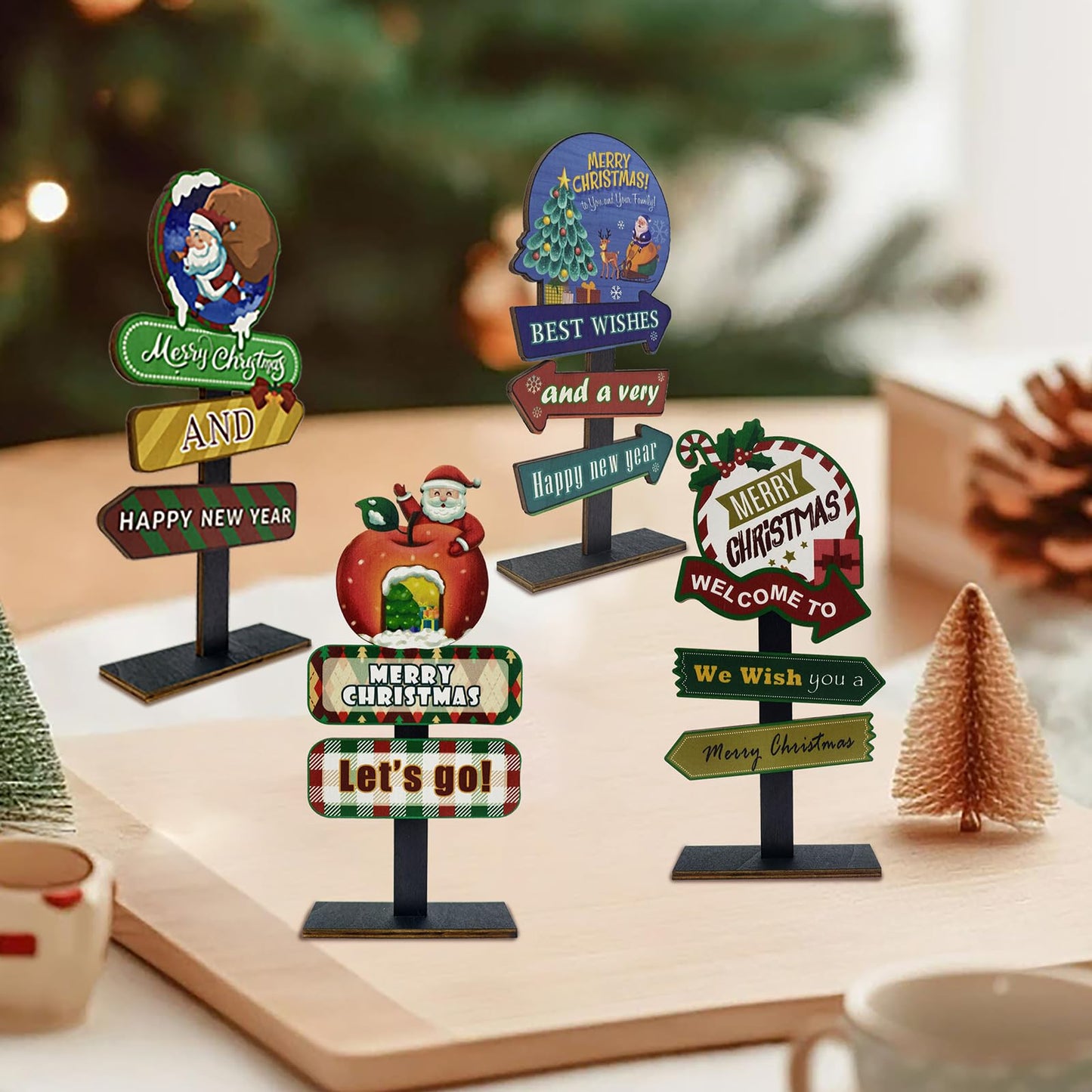 YvSuZeBuDa Christmas Table Decorations, 4 Piece Wooden Rectangular Sign Boards, Rustic Farmhouse Style, Polychrome, 8.86 x 4.72 Inches, Wall Mount with Twine, Cozy Theme (Christmas Apple)