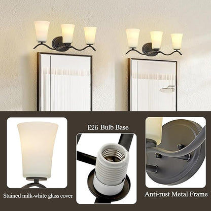 3 Light Bathroom Vanity Light Fixture, Oil Rubbed Bronze Vanity Light Fixtures with Milky White Glass Shade, Modern Bathroom Wall Sconces Lights Over Mirror