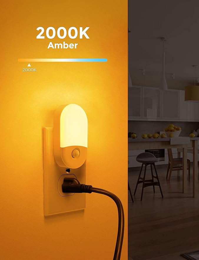 Amber Night Light, 2 Pack, LOHAS Amber Night Lights Plug into Wall Motion Sensor, 0.6W 2000K, LED Night Light, 30/60LM Adjustable Brightness, Automatic Low Blue Night Light for Kids, Bathroom, Hallway