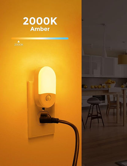 Amber Night Light, 2 Pack, LOHAS Amber Night Lights Plug into Wall Motion Sensor, 0.6W 2000K, LED Night Light, 30/60LM Adjustable Brightness, Automatic Low Blue Night Light for Kids, Bathroom, Hallway