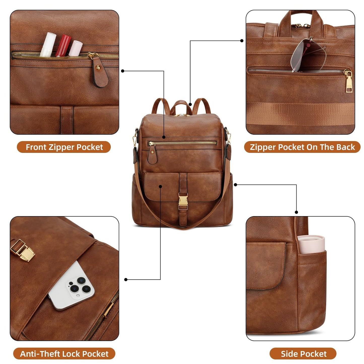 KKXIU Backpack Purse for Women - Multi-pocket Leather backpack for Travel, Work & School with Anti-Theft Lock Pocket, Luggage Strap & Water Bottle Pockets - 13x14x5.2 Inch (B-Brown)